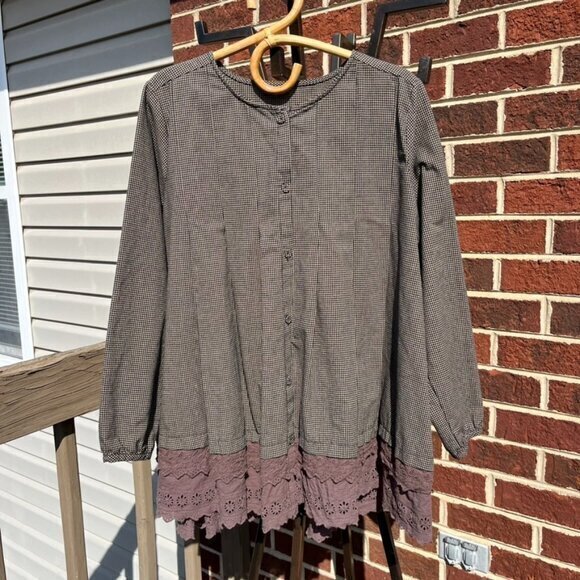 Tops - Brown Checkered Long Sleeve Blouse Lace Detailing 100% Cotton Women's 6